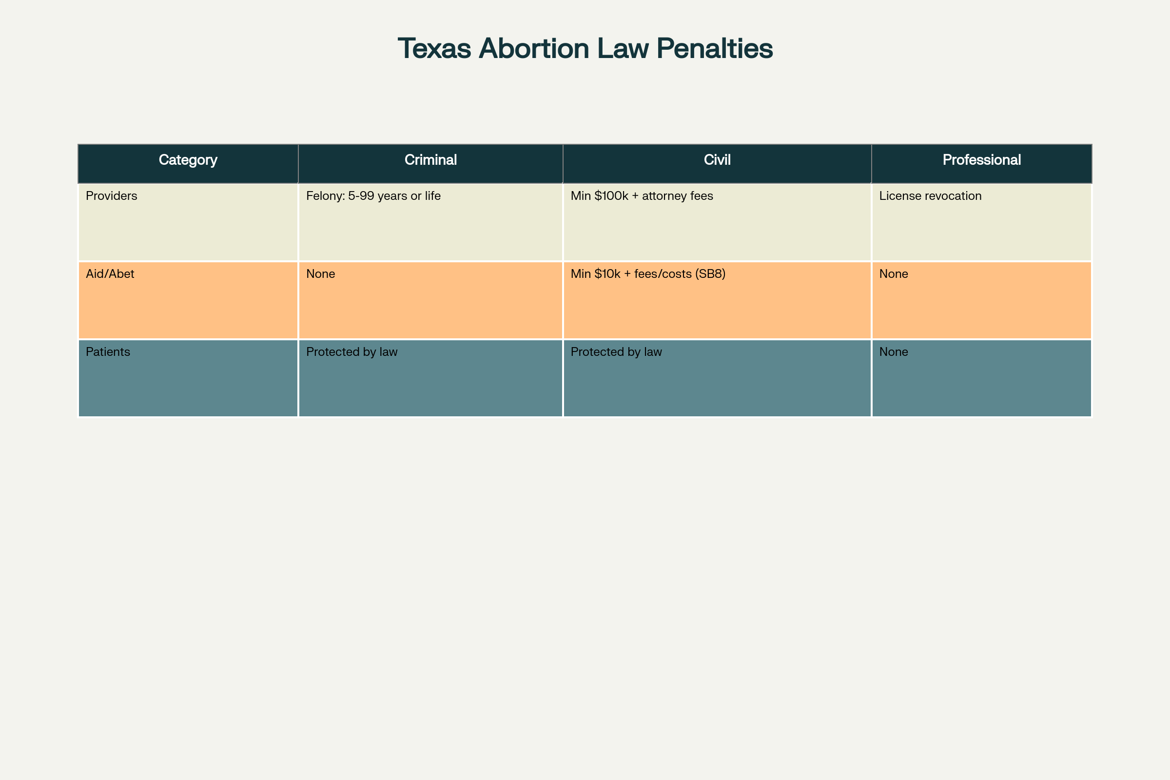 Penalties and Consequences for Violating Texas Abortion Laws by Category